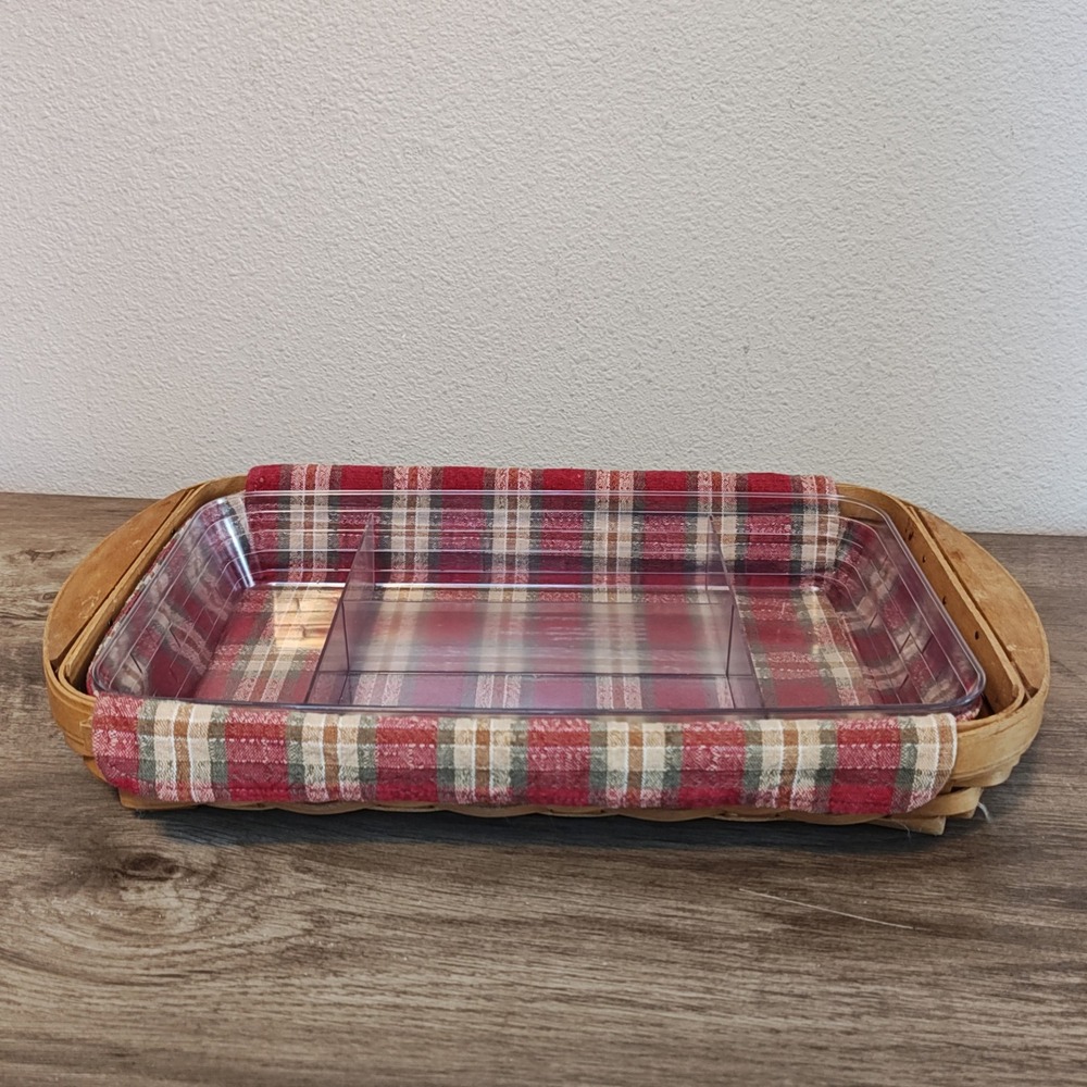 Longaberger Rectangle Serving Basket 2003 Red Plaid Liner Divided Protector 14x8